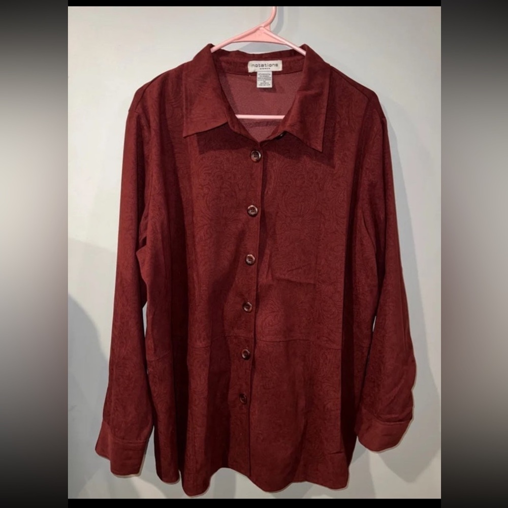“Notations” Maroon/Red Printed‎ Blouse - Picture 1 of 6